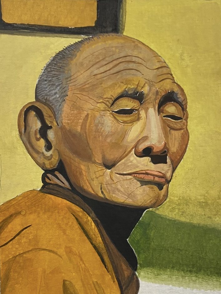 Painted portrait of an elderly monk in an orange robe